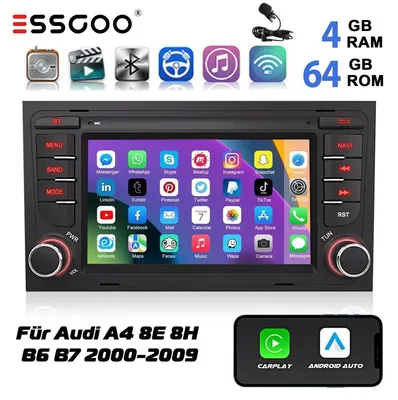Obrázok produktu pre Autorádio 2 DIN pre modely Audi A4 8E 8H B6 B7 (roky výroby 2000-2009), s operačným systémom Android 15, GPS navigáciou, CarPlay, Android Auto, Wi-Fi, 7-palcovým dotykovým displejom, 4 GB RAM a 64 GB úložiskom, s Bluetooth