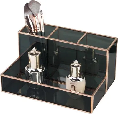 Obrázok produktu pre Kozmetická šperkovnica – organizér na kozmetiku – zlatá a čierna – priehľadná – dekoratívny kryt – 20 x 14 x 10 cm