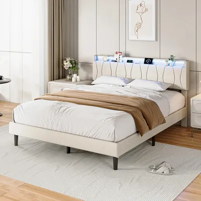 Zdjęcie produktu dla Łóżko tapicerowane 160x200 cm z podświetleniem LED, 2 portami USB i jednym portem USB-C, stelażem, tapicerowanym zagłówkiem, obiciem z lnu w kolorze beżowym, 18 cm odstępu od podłogi, bez materaca