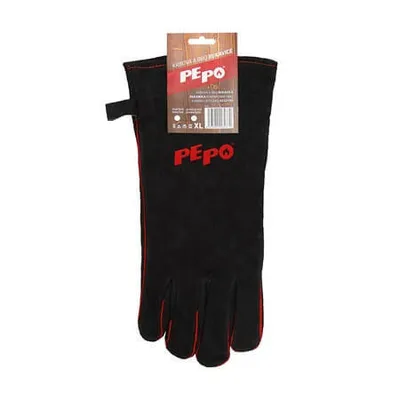 A black glove with red stitching and a product tag attached.