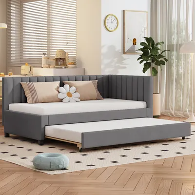 Produktbild von Flieks Polsterbett 90x200cm mit Lattenrost, Tagesbett Schlafsofa mit Ausziehbett, Einzelbett Gästebett Daybett Jugendbett Sofabett, Samt, Grau