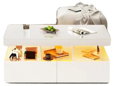 Image de Table basse, éclairage LED, 2 tiroirs, blanc