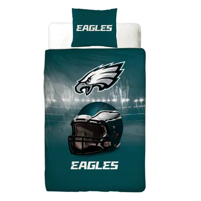 A Philadelphia Eagles bedding set with a pillow and duvet cover featuring the team's logo and helmet.