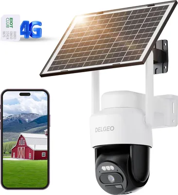 Zdjęcie produktu dla Zewnętrzna kamera monitorująca Delgeo 4G - bateria 8000 mAh, wykrywanie AI, kolorowy noktowizor 1080P, aplikacja O-KAM Pro