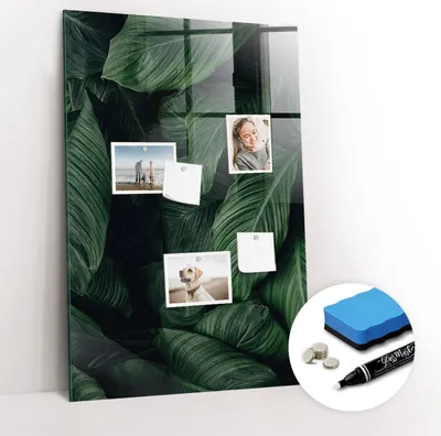 Produktbild von Magnetpinnwand Memoboard - Zubehörsatz - Weißer Marker + Schwamm + Magnete - 60 x 90 cm - Dschungelpflanzenblätter