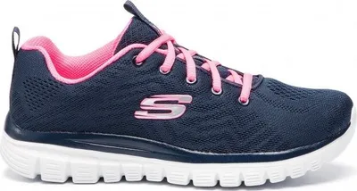 A side view of a navy and pink Skechers sneaker against a white background.