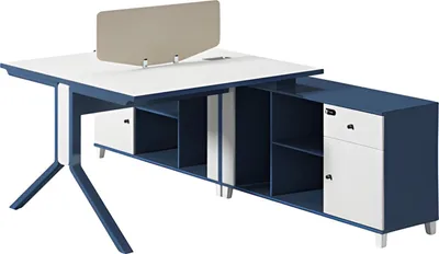 Produktbild von Schreibtisch in Blau und Weiß mit Trennwand Stauraum und modernen Metallbeinen