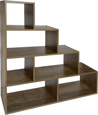 A multi-tiered bookshelf with a wood grain finish, shown against a white background.