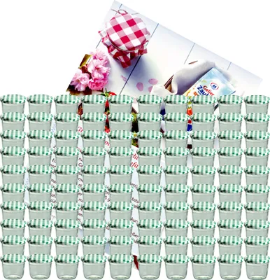 Produktbild von 100er Set Sturzglas 230 ml To 82 grün karierter Deckel incl. Diamant-Zucker Gelierzauber Rezeptheft