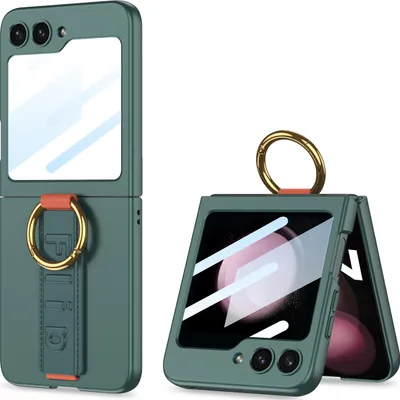 Image de Étui pour Samsung Galaxy Z Flip 5 Étui en PC rigide avec protection de l'écran, sangle et anneau de fixation vert