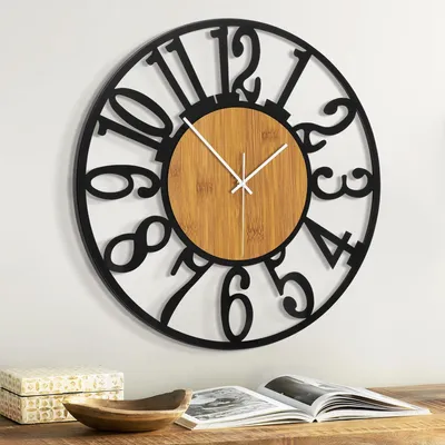 Produktbild von Große Wanduhr aus Holz und Metall (glänzendes Holz, arabisches Design, 35,6 cm)