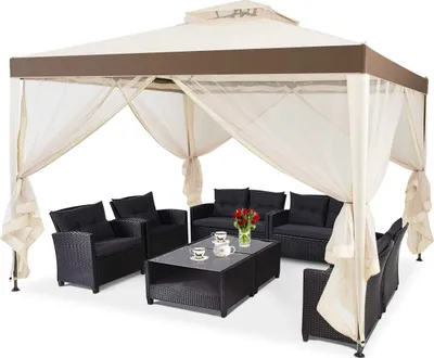 Produktbild von Gartenpavillon, 3x3M, Dachplane, Sonnenschutz Pavillon, Gartenzelt, Partyzelt, Festzelt mit Seitenwänden, Gartenzelt mit Mosiktonetz (Beige)