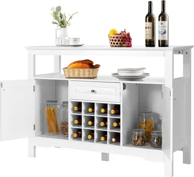 Zdjęcie produktu dla KOMFOTTEU kredens szafka kuchenna z butelkami wina, bufet szafka na wino szafka drewniana, szafka boczna komoda kuchenna 117×40,5×85,5cm do salonu kuchnia jadalnia (biały)