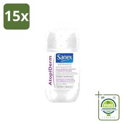 Immagine prodotto di 15 deodoranti roll-on Sanex Advanced Atopiderm per pelli sensibili, 50 ml - confezione grande - 15 pezzi
