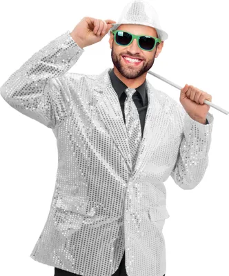 Produktbild von Pailletten-Frack Herren silber Größe L glänzende Karneval oder DJ-Jacke