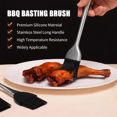 Image de Pinceau à badigeonner pour barbecue, grill, pâtisserie ; pinceau long en silicone résistant à la chaleur pour la cuisson, avec poignées en acier inoxydable
