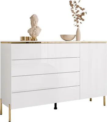 Produktbild von AURORA Kommode mit Schubladen Weiß / Weiß hochglanz auf Beinen, gerade gold chrom Beine