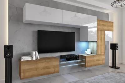 A modern living room wall unit with a TV, shelves, and cabinets.