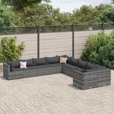 Produktbild von Langlebige 10-tlg. Garten-Sofagarnitur mit Kissen Grau Poly Rattan Gartenmöbel Sitzgarnitur Möbel4113566