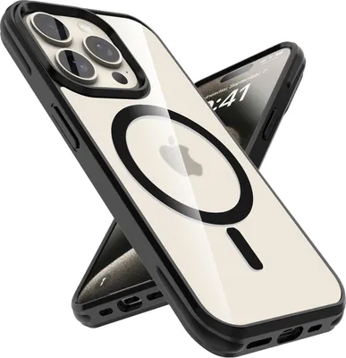 Immagine prodotto di Custodia per Apple iPhone 15 PRO protettiva in NERO Custodia compatibile MagSafe con retro trasparente