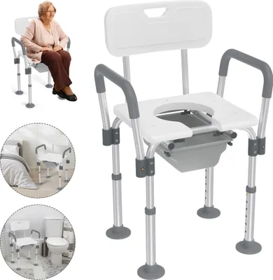 Image de Chaise de toilette XMTECH Chaise de douche avec seau, hauteur réglable 34-47cm, supporte jusqu'à 150kg, sûre et confortable pour la salle de bain et la maison