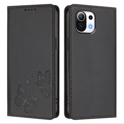 Obrázek produktu pro Kožené pouzdro pro Xiaomi Mi 11 Lite, motýlí ražbou, peněženkové flip pouzdro se stojánkem Černá
