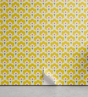 Produktbild von ABAKUHAUS Blumen abziehbare & klebbare Tapete für Zuhause, Retro Frühlings-Blumen-Kunstwerk, selbstklebendes Wohnzimmer Küchenakzent, 33 cm x 250 cm, Gelb und Lindgrün