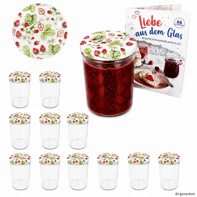 Image de Lot de 12 bocaux en verre de 435 ml « To 82 » aux fraises des bois, couvercles inclus, avec un livret de recettes Diamant