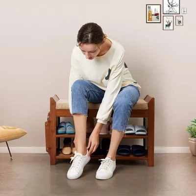 Productafbeelding van Luxe houten Schoenenbank met Zitkussen en Opbergvak voor paraplu's + Opberglade - Voor 6 paar schoenen  - Schoenenrek met 2 legplanken en zitkussen  -