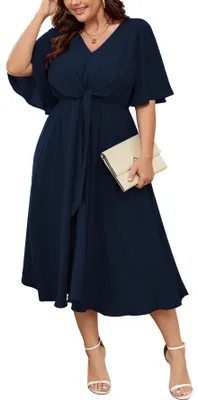 Produktbild von SCOMCHIC Midi-Kleider für Damen, Übergröße, Kurze Ärmel, V-Ausschnitt, Taillenbi