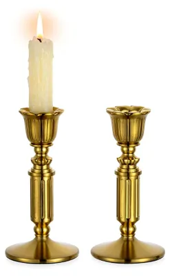Produktbild von Vintage Kerzenständer Stabkerzenhalter Messing 2er Set Hoch Kleine Stabkerzenhalter Gold für Retro Antik Tischdeko Hochzeit Wohnzimmer Weihnachten Party Adventskranz Deko