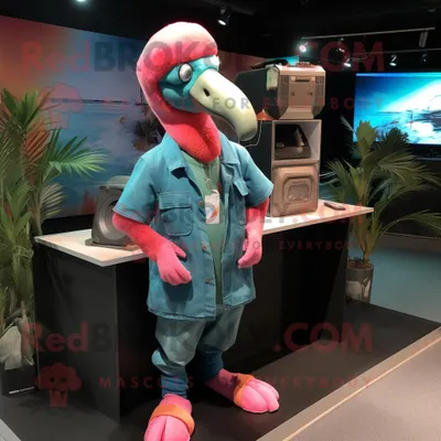 Produktbild von Cyan-Flamingo REDBROKOLY Maskottchen kostüm gekleidet in eine Cargohose und Ohrringe