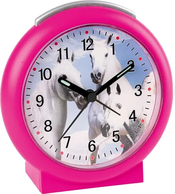 A close-up of a pink alarm clock with a picture of two white horses on the face.