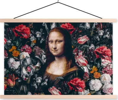 Produktbild von MuchoWow® Textilposter Mona Lisa - Da Vinci - Blumen - Gemälde 60x40 cm mit holzfarbenen Rahmen - Bilder