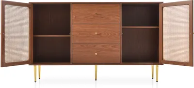 Produktbild von Flieks Kommode Sideboard mit 3 Schubladen und 2 Türen mit verstellbaren Ablagen, Rattan Wohnzimmerschränke Massivholz 150*40*90cm