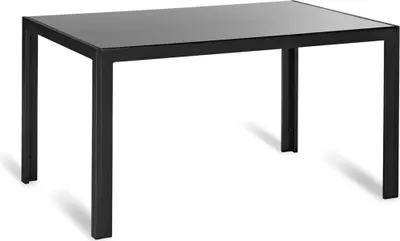 A black metal frame table with a dark gray glass top, shown from a slightly elevated front-left angle against a white background.