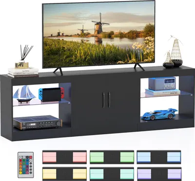 Zdjęcie produktu dla KOMFOTTEU Szafka TV 3 w 1, szafka TV z oświetleniem LED dla telewizorów do 85 cali, stojak TV z regulowanymi szklanymi półkami, niska szafka do salonu, sypialni, 195 x 30 x 55 cm (czarny)