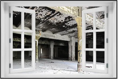 Produktbild von Wallario Wandbild mit Fenster-Illusion: Verlasse Brauerei - Alte Industriehalle, Größe: 61 x 91,5 cm, Poster mit schwarzem Aluminiumrahmen