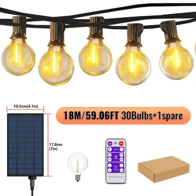Image de Guirlande lumineuse LED solaire - 18 mètres, 31 ampoules - Lumière blanche chaude - Télécommande - 8 modes d'éclairage - Intensité variable - Indice de protection IP44