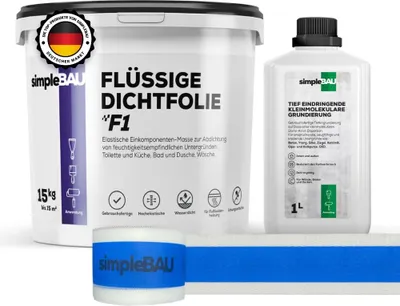 Produktbild von SimpleBau Flüssigfolie Dichtfolie F1 15 kg + Tiefengrund 1 L und Elastisches Dichtband 10M , Abdichtung für Bad, Dusche, Balkon , Innen & Außen