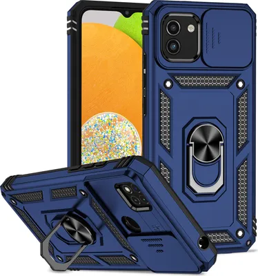 Produktbild von Galaxy A03 Hülle mit Schiebe Kamera Schutz und Ringhalter Ständer Robust Rüstung Schutzhülle für Samsung Galaxy A03 Blau