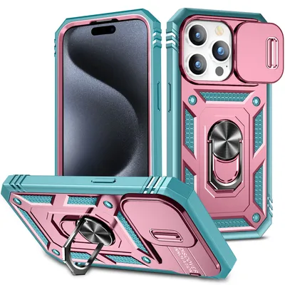 Obrázek produktu pro Pouzdro pro iPhone 15 Pro Max posuvná ochrana kamery, robustní nárazuvzdorné, s držákem prstenu, stojánkem a držákem na karty zelené Růžový