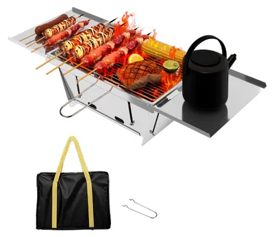 Produktbild von Faltbarer Holzkohlegrill Tragbarer BBQ Campinggrill - 1 Sekunde Aufklappen Edelstahl Picknickgrill Kleiner Grill mit Tasche für Camping Outdoor Grillparty Reisen (65 x 25 x 14 cm)