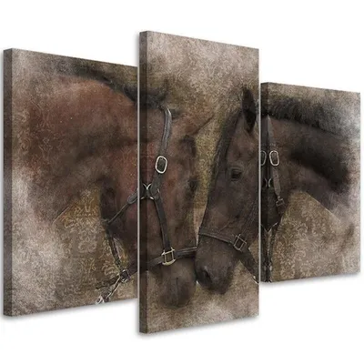 Produktbild von Triptychon auf leinwand zwei braune pferde 60x40 cm Feeby braun wandbild bereit zum aufhängen