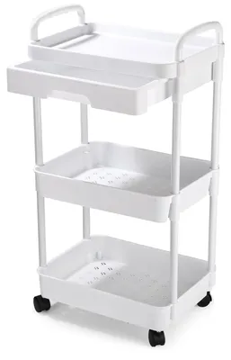 Rollwagen 3-stöckig mit Schublade, weiß, abschließbare Räder, 40 x 10 x 28 cm