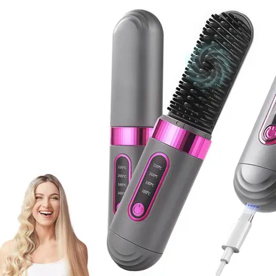 Produktbild von Kabellose Keramik-Glättbürste für kurzes Haar, 4 Temperaturstufen, schnelle Erwärmung, für alle Haartypen, glatte, geschmeidige Haare, Grau