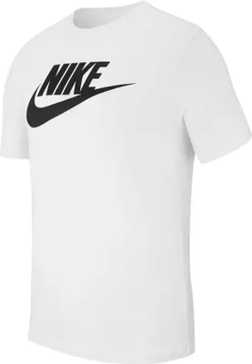 A white Nike t-shirt with a black Nike logo on the chest, shown from the front.