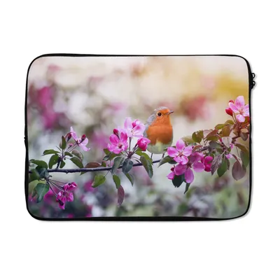 Produktbild von MuchoWow® Laptop Hülle 14 ZollRotkehlchen - Blumen - Blätter Laptoptasche - Laptoptasche - Stoßsicher - Schutzhaube