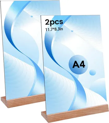 Produktbild von Tischaufsteller A4, 2 Stück, transparentes Acryl, Holzsockel, doppelseitig, für Restaurant
