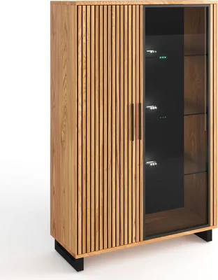 Produktbild von Highboard Vitrine Paula Eiche furniert Softclose Schattenfuge Schwarz